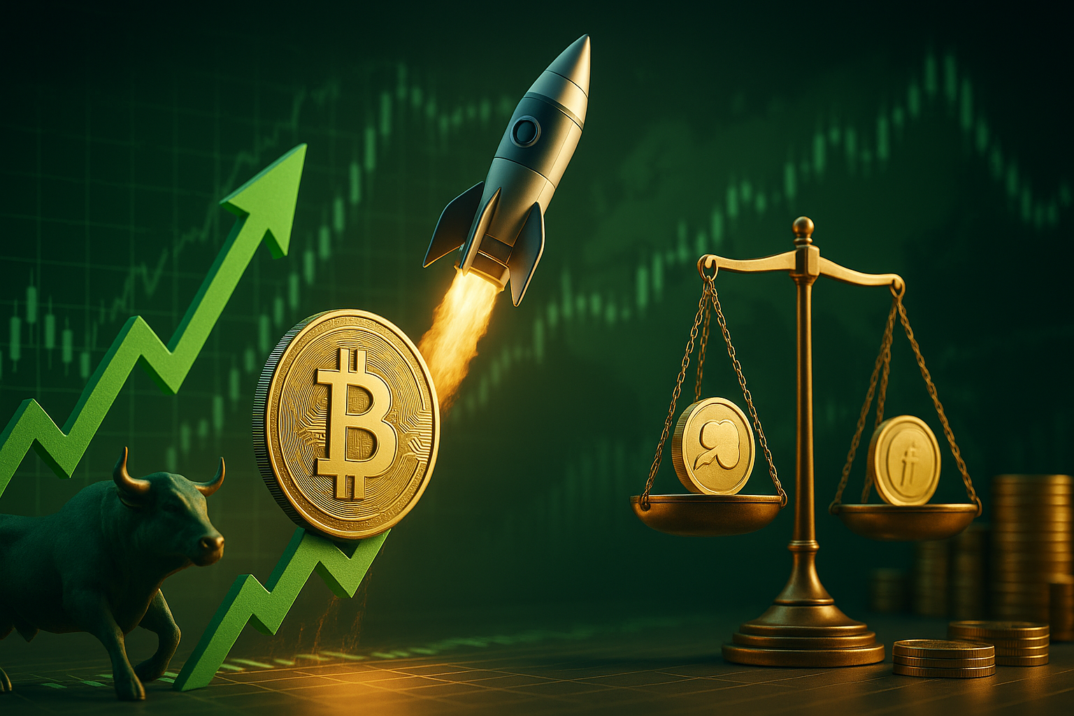 A dynamic visual representation of the cryptocurrency market's current bullish trend, focusing on Bitcoin's rise to a two-week high and Fartcoin's impressive 18% daily surge.

VISUAL STYLE: Infographic-style with elements of professional cinematography, emphasizing clarity and precision. The style should appeal to readers of premium financial publications, with a sophisticated and polished look.

TECHNICAL SPECIFICATIONS: Use high-resolution digital rendering with advanced lighting techniques to create a visually striking and clear image. Employ dynamic camera angles to convey movement and a sense of urgency. Maintain a 16:9 aspect ratio suitable for news article headers.

COLOR PALETTE: Rich greens symbolizing growth, alongside gold and blue tones for a sense of trust and stability.

ATMOSPHERE & MOOD: Bullish and optimistic, capturing the excitement and potential in the cryptocurrency market while maintaining a professional and serious tone suitable for financial news.

CONTEXTUAL DETAILS: Highlight the global nature of the cryptocurrency market with subtle indications of increased trading volumes and shifting market caps, reflecting the current trending status and intermediate tech level interest.

UNIQUE VISUAL ELEMENTS: Visual metaphor of a rocket taking off to represent the price surge, Balancing scales symbolizing stability versus volatility, Depictions of institutional and retail investor activities without being cliché

PROFESSIONAL REQUIREMENTS: 
- Ultra-high resolution suitable for premium financial publications
- 16:9 aspect ratio perfect for article headers
- Bloomberg/Reuters level professional quality
- Photorealistic or sophisticated artistic rendering
- No text overlays, logos, or branding elements
- Clean, sophisticated composition
- Lighting and color grading suitable for institutional audiences

AVOID: generic coins, basic charts, repetitive blue themes, text, logos, overlays, generic cryptocurrency imagery, cliché technology visuals, repetitive blue color schemes, amateur photography aesthetics