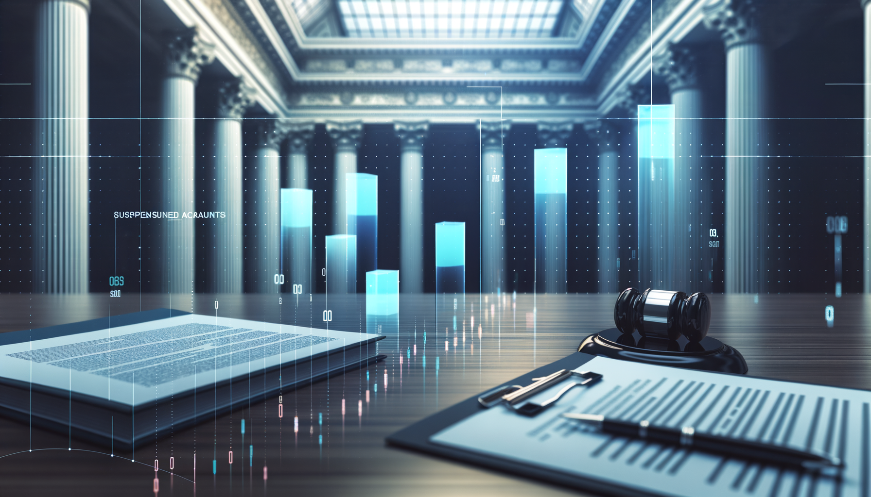 Create a premium, professional financial news header image for: Coinbase Slashes Account Freezes by 82%, Reassuring Millions. Executive government/legal imagery with courthouse, regulatory documents, compliance symbols, professional business news style. REQUIREMENTS: 16:9 ratio perfect for news headers, ultra-high quality professional photography style, clean composition with sophisticated color palette (deep blues, platinum whites, gold accents), no text overlays, no logos, photorealistic Bloomberg Terminal aesthetic, premium financial publication quality.
