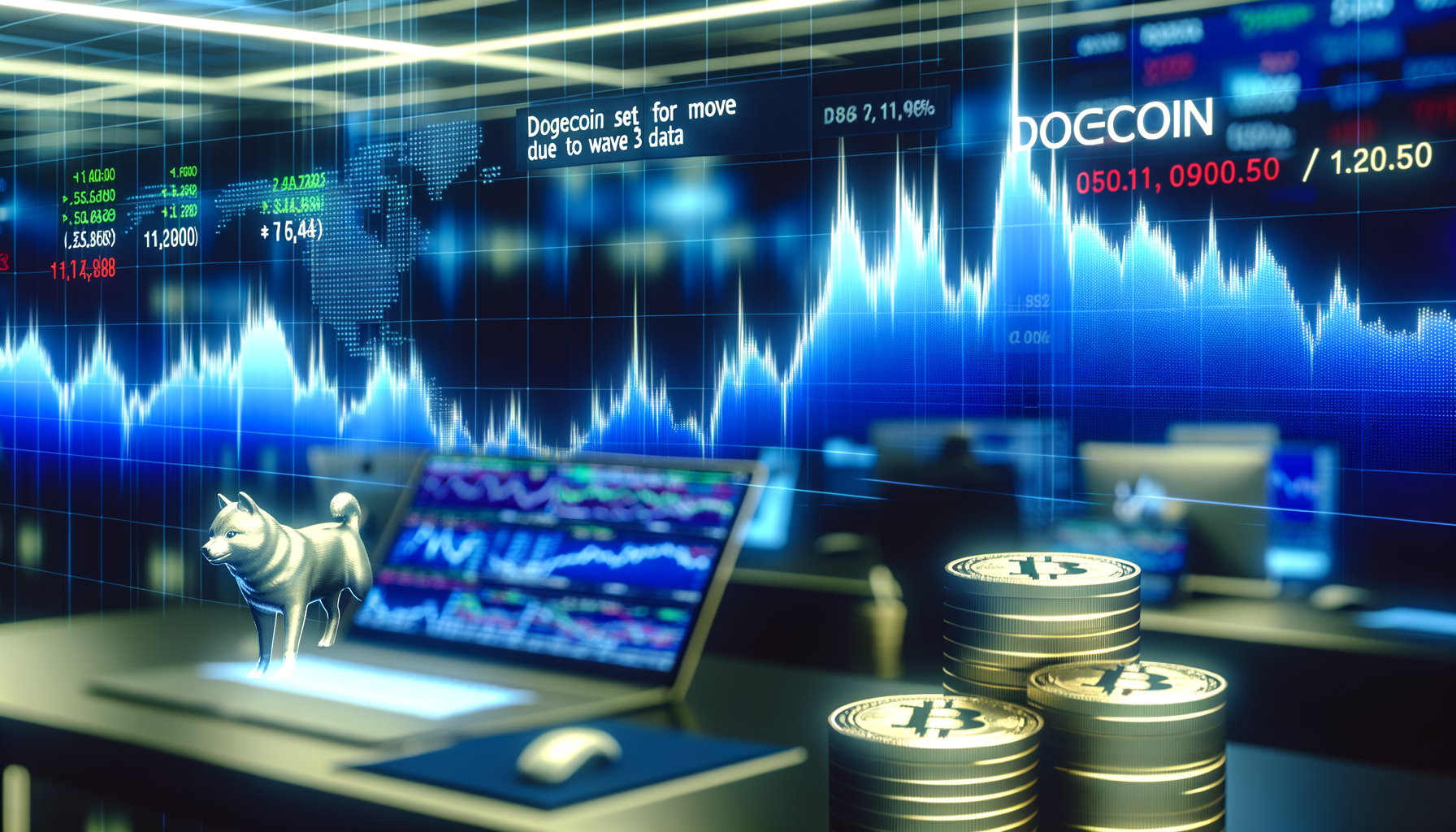 Create a premium, professional financial news header image for: Dogecoin Set for $1 Move, Analyst Cites Wave 3 Data. Diverse cryptocurrency ecosystem, portfolio visualization, market dynamics, professional trading environment. REQUIREMENTS: 16:9 ratio perfect for news headers, ultra-high quality professional photography style, clean composition with sophisticated color palette (deep blues, platinum whites, gold accents), no text overlays, no logos, photorealistic Bloomberg Terminal aesthetic, premium financial publication quality.