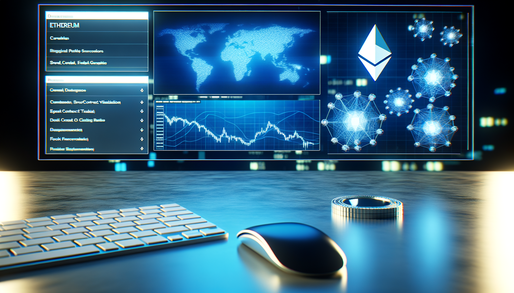 Create a premium, professional financial news header image for: ETH Surges: $295M Inflows Push Price Above $2,530. Professional Ethereum ecosystem imagery with sleek network graphics, smart contract visualization, DeFi protocols. Clean tech-financial aesthetic. REQUIREMENTS: 16:9 ratio perfect for news headers, ultra-high quality professional photography style, clean composition with sophisticated color palette (deep blues, platinum whites, gold accents), no text overlays, no logos, photorealistic Bloomberg Terminal aesthetic, premium financial publication quality.