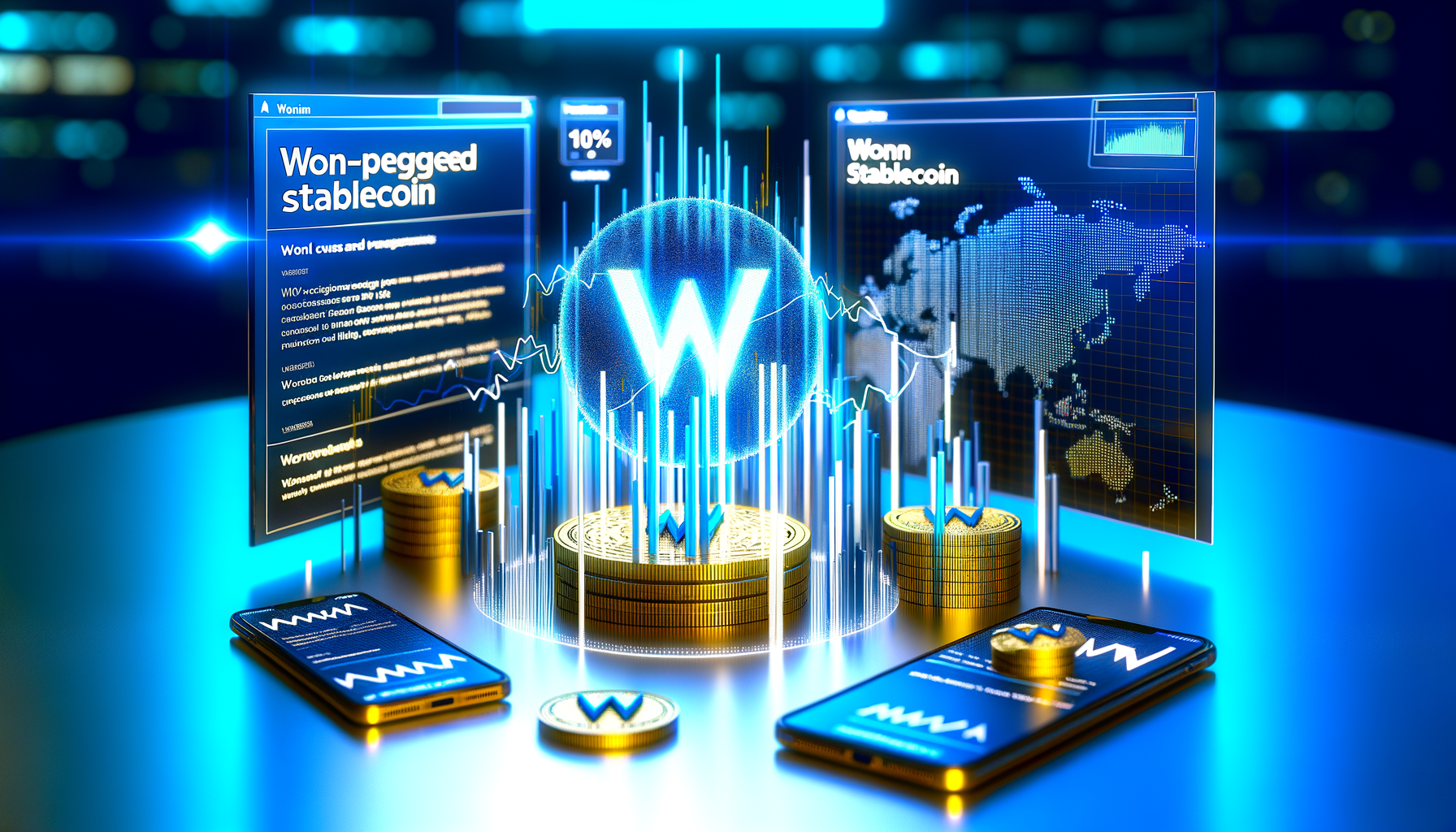 Create a premium, professional financial news header image for: Kaia’s Won-Pegged Stablecoin Drives 30% Surge in Payments App. Cutting-edge blockchain infrastructure, network nodes, development platforms, modern enterprise tech visualization. REQUIREMENTS: 16:9 ratio perfect for news headers, ultra-high quality professional photography style, clean composition with sophisticated color palette (deep blues, platinum whites, gold accents), no text overlays, no logos, photorealistic Bloomberg Terminal aesthetic, premium financial publication quality.