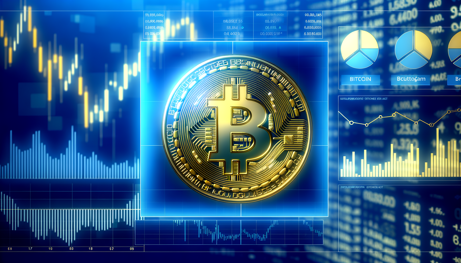 Create a premium, professional financial news header image for: M. Saylor Boosts Bitcoin Portfolio by $110M. Sophisticated Bitcoin visualization with elegant gold accents, clean financial charts, modern trading interfaces, premium business aesthetic. Bloomberg/Reuters style. REQUIREMENTS: 16:9 ratio perfect for news headers, ultra-high quality professional photography style, clean composition with sophisticated color palette (deep blues, platinum whites, gold accents), no text overlays, no logos, photorealistic Bloomberg Terminal aesthetic, premium financial publication quality.