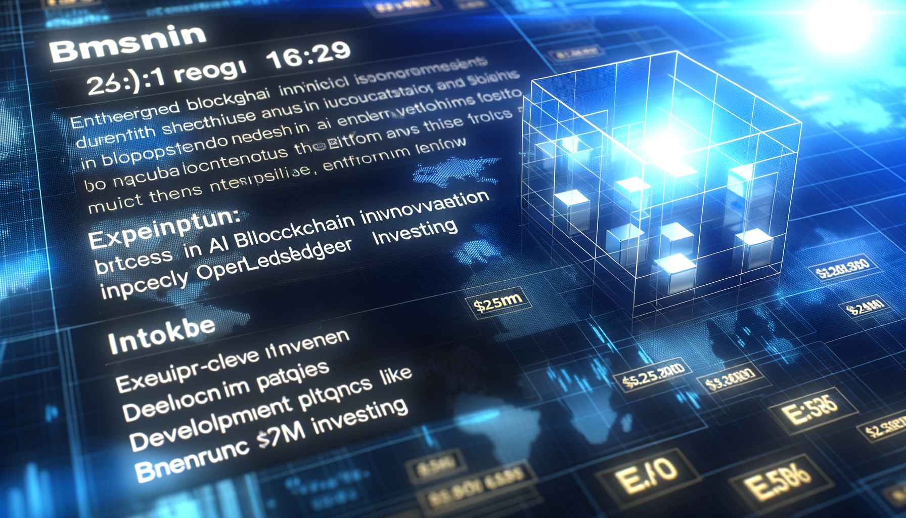 Create a premium, professional financial news header image for: OpenLedger Invests $25M in AI Blockchain Innovation. Cutting-edge blockchain infrastructure, network nodes, development platforms, modern enterprise tech visualization. REQUIREMENTS: 16:9 ratio perfect for news headers, ultra-high quality professional photography style, clean composition with sophisticated color palette (deep blues, platinum whites, gold accents), no text overlays, no logos, photorealistic Bloomberg Terminal aesthetic, premium financial publication quality.