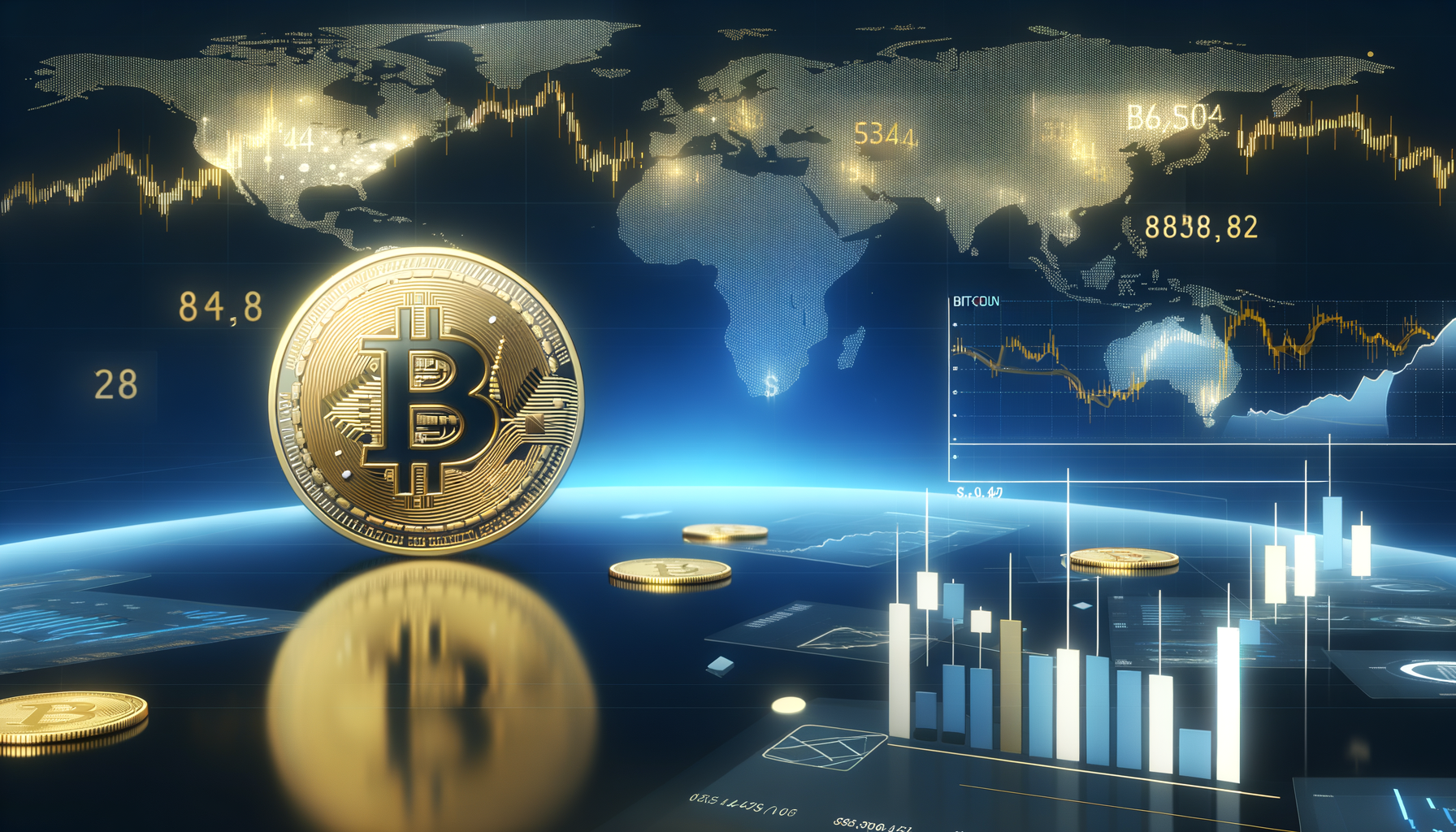 Create a premium, professional financial news header image for: Saylor Dismisses Bitcoin Quantum Threat as Overhyped Myth. Sophisticated Bitcoin visualization with elegant gold accents, clean financial charts, modern trading interfaces, premium business aesthetic. Bloomberg/Reuters style. REQUIREMENTS: 16:9 ratio perfect for news headers, ultra-high quality professional photography style, clean composition with sophisticated color palette (deep blues, platinum whites, gold accents), no text overlays, no logos, photorealistic Bloomberg Terminal aesthetic, premium financial publication quality.